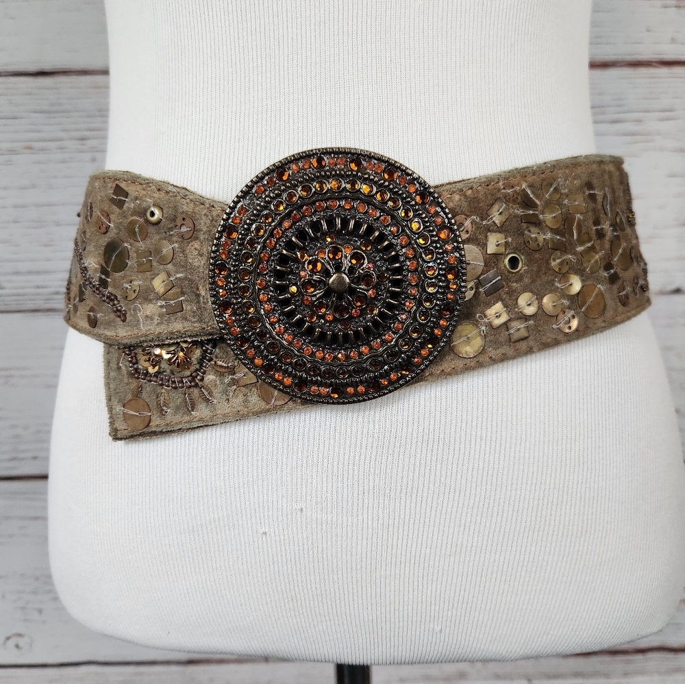 Suede Embellished Belt With Sequins And Beads